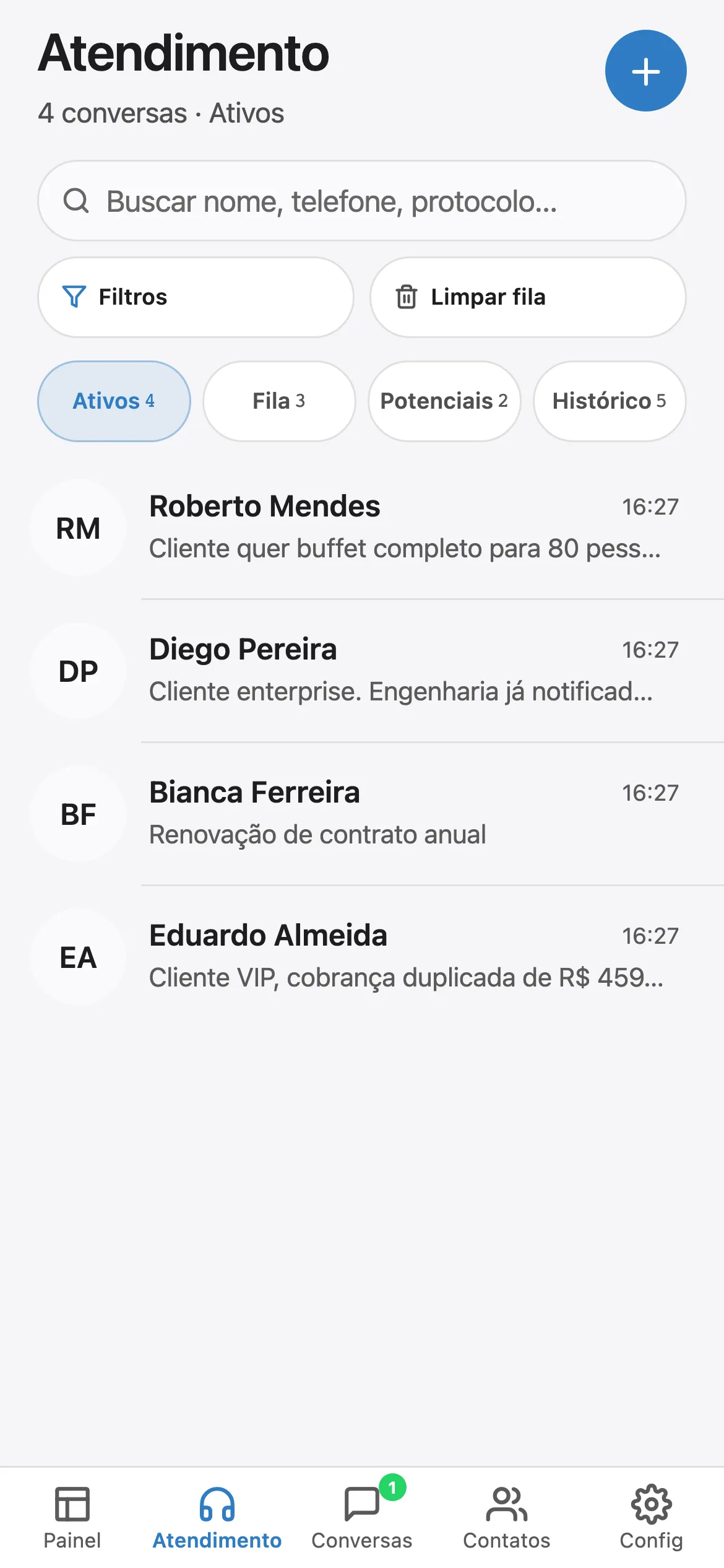 App: lista de conversas com abas e contadores