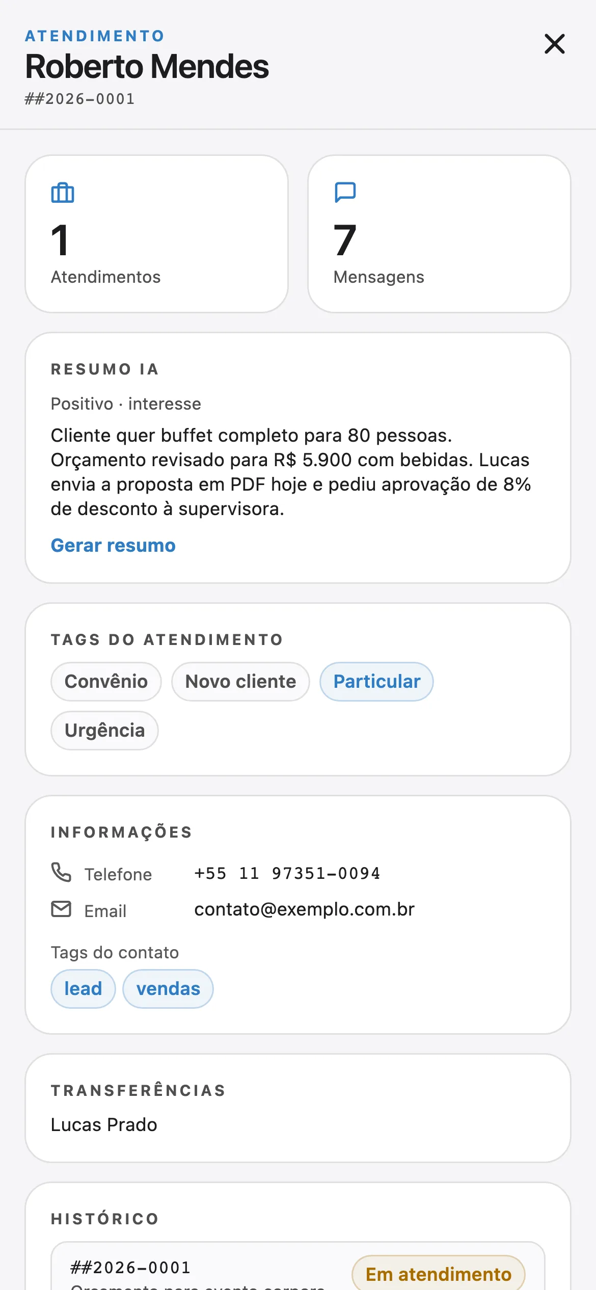 App: informações da conversa com resumo e tags