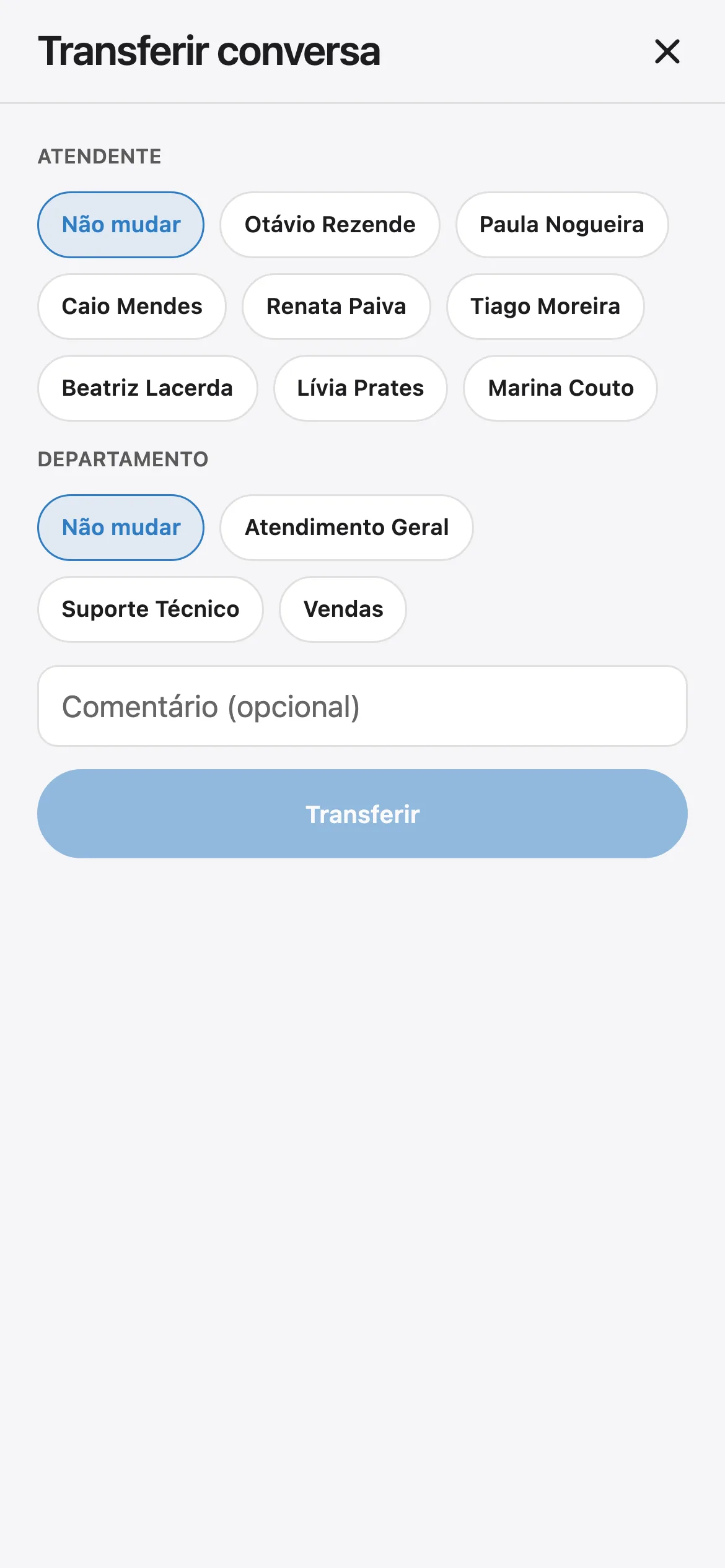 App: transferir a conversa para um atendente ou departamento