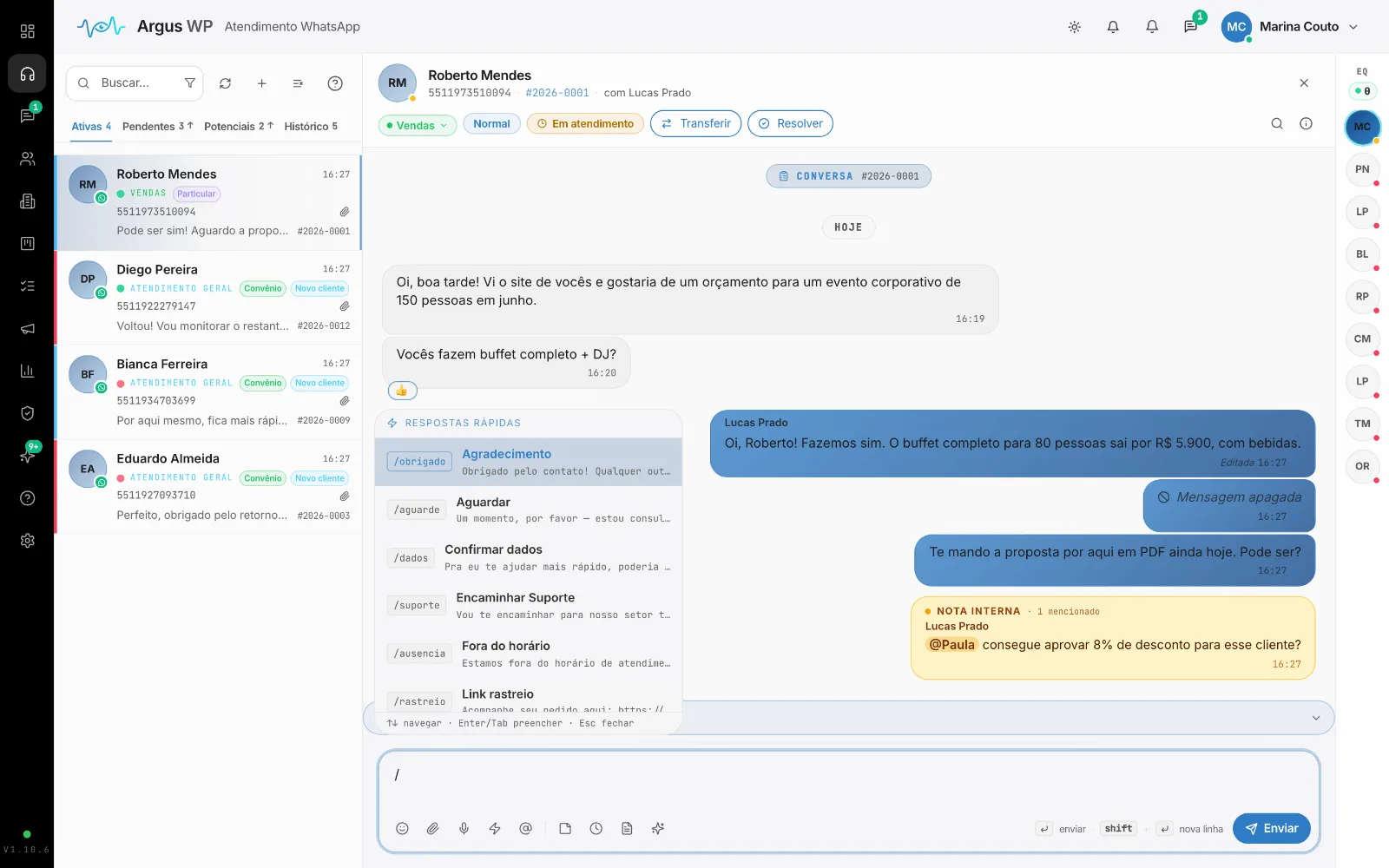 Campo de mensagem com respostas rápidas, nota interna e agendar envio.