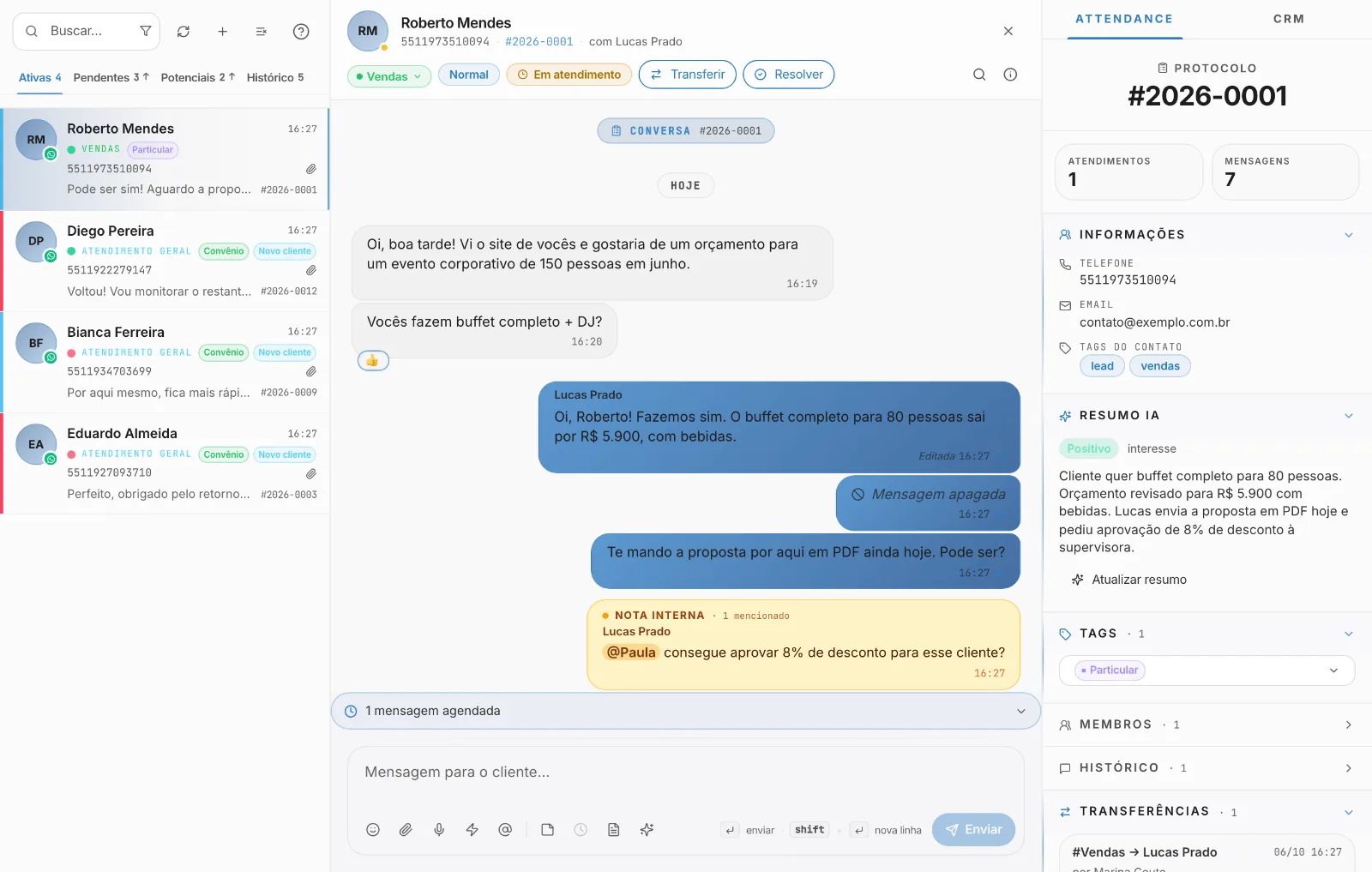 Resumo IA e sentimento no painel do contato
