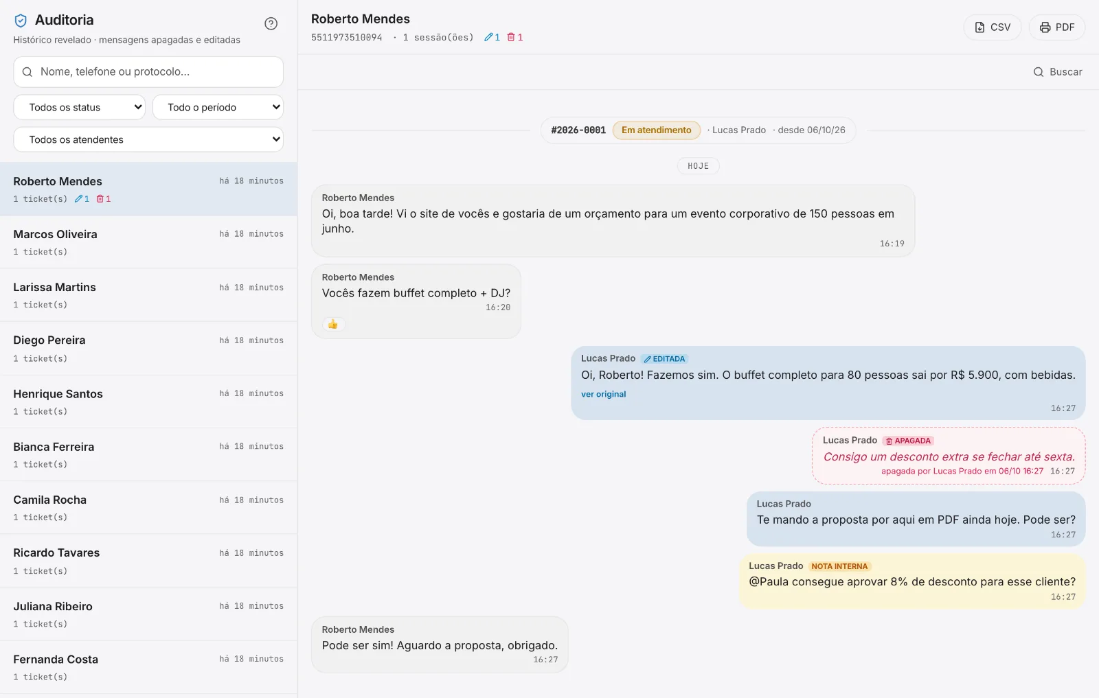 A Auditoria mostra ao gestor o texto apagado ou editado, com quem mexeu e quando.