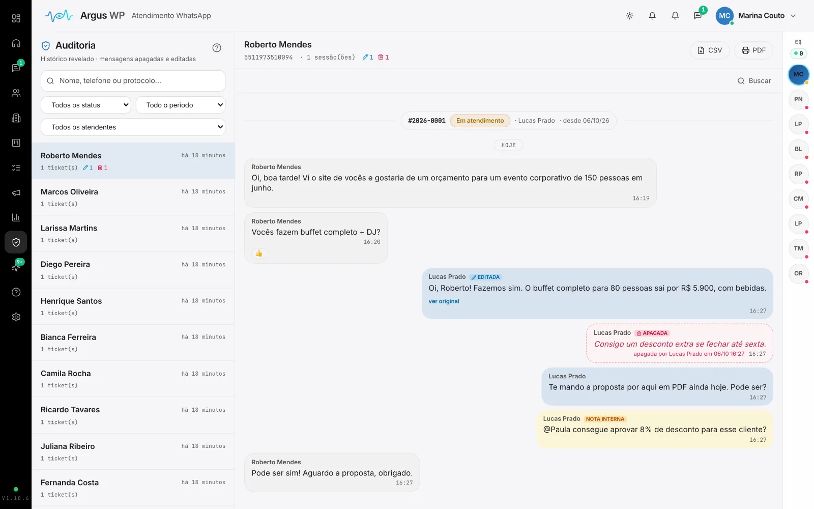 Auditoria: mensagem apagada revelada e edição com antes e depois.