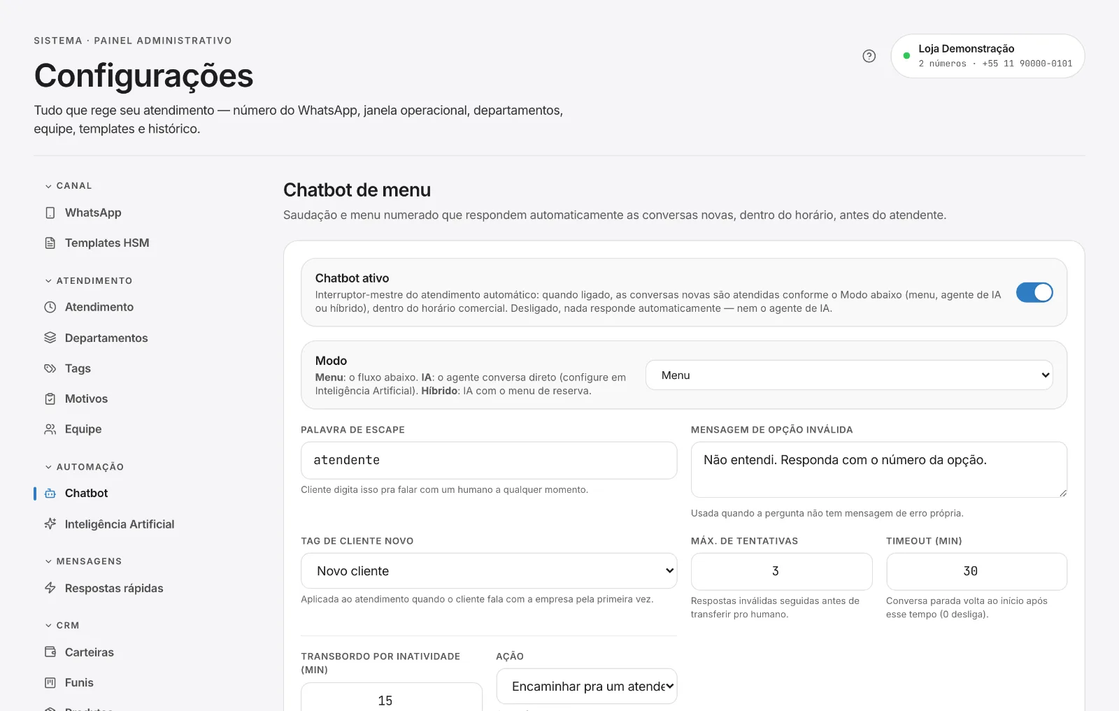 Ajustes do chatbot: modo, palavra de escape e transbordo