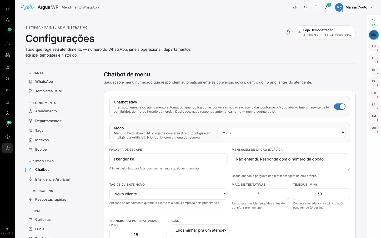 Chatbot: fluxo no canvas com mensagens, pergunta e menu ligados