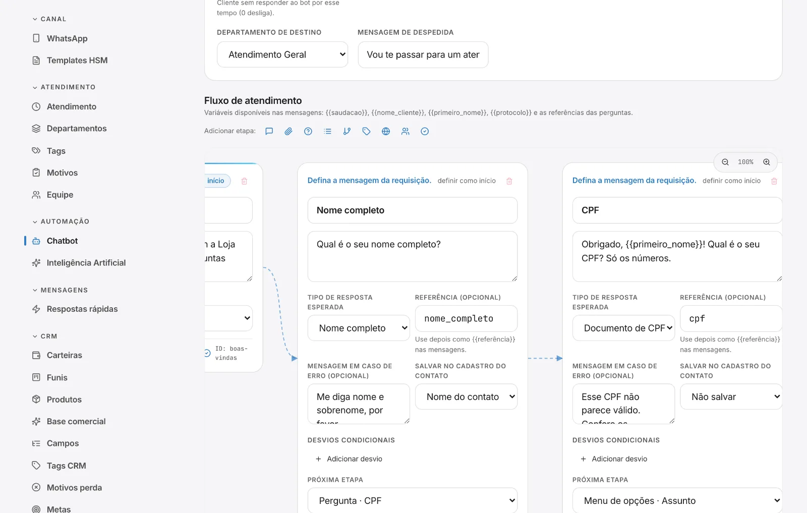 Etapa Pergunta com validação de CPF e desvios por resposta