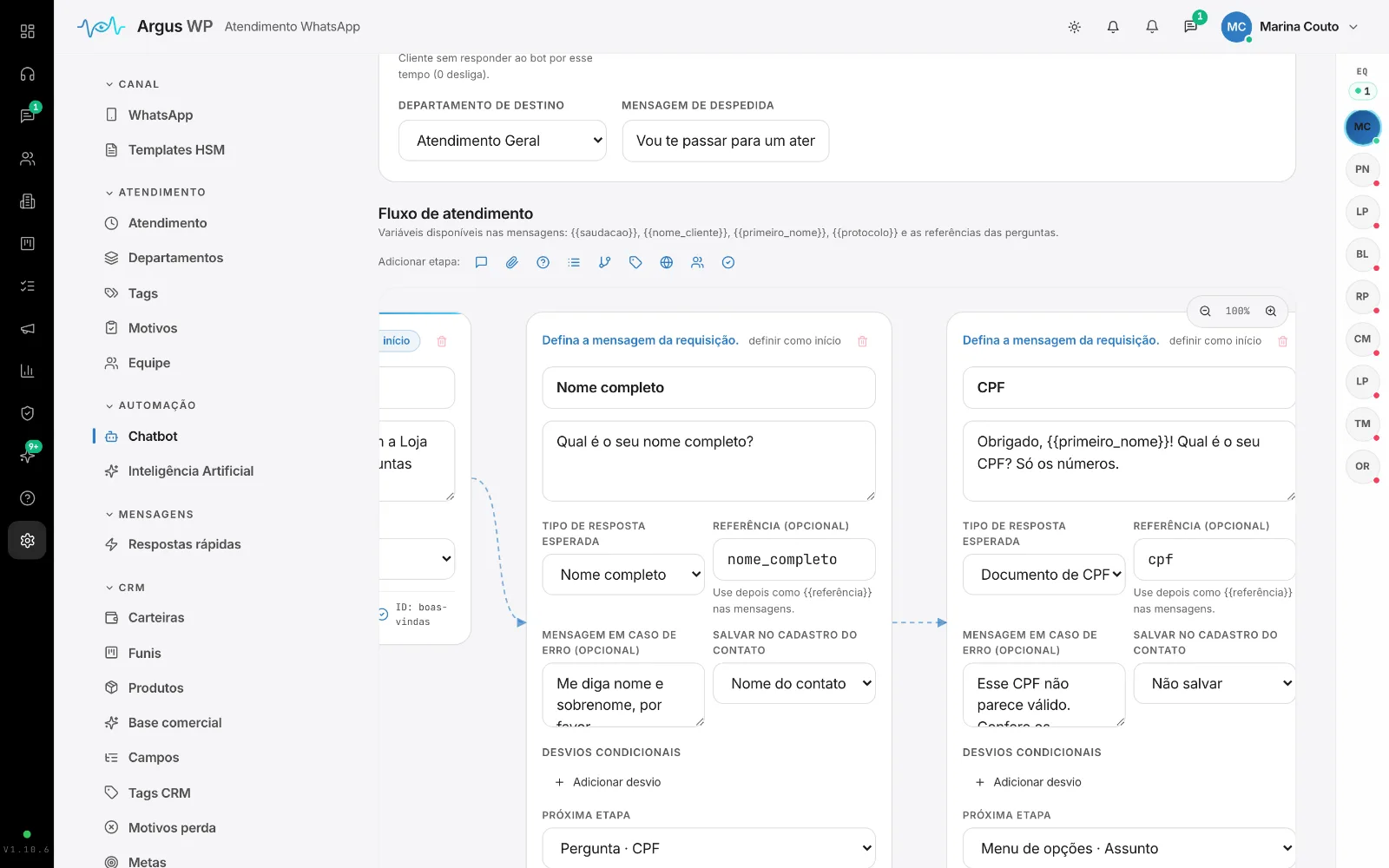Etapa Pergunta do chatbot, com validação e desvios por resposta.