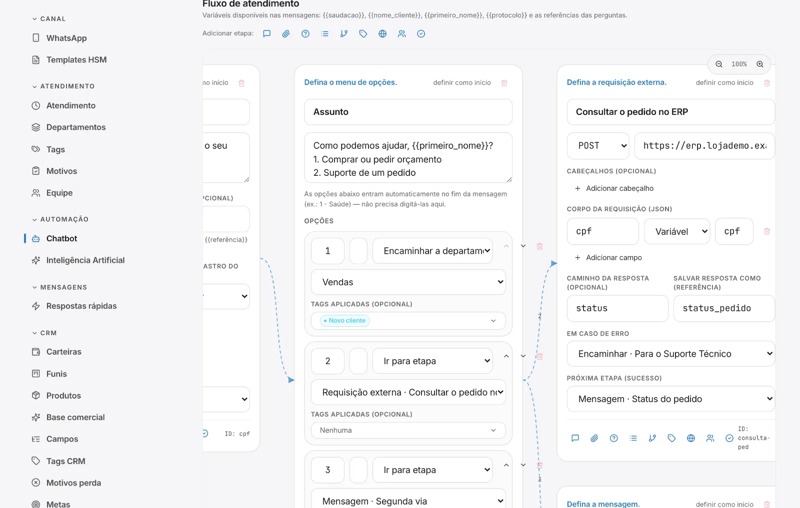 Chatbot: etapa Requisição externa chamando outro sistema