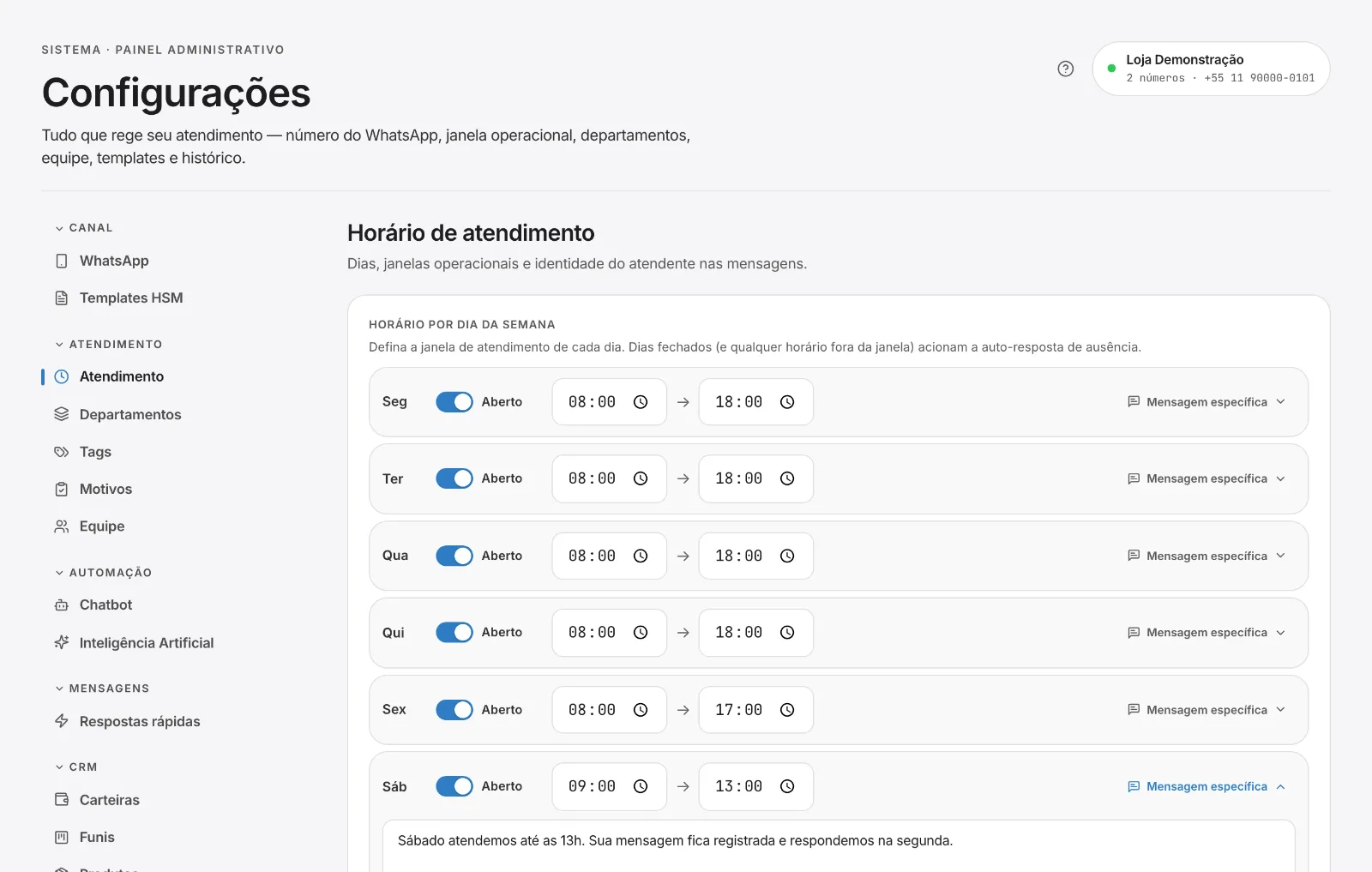 Horário por dia da semana com mensagem específica por dia