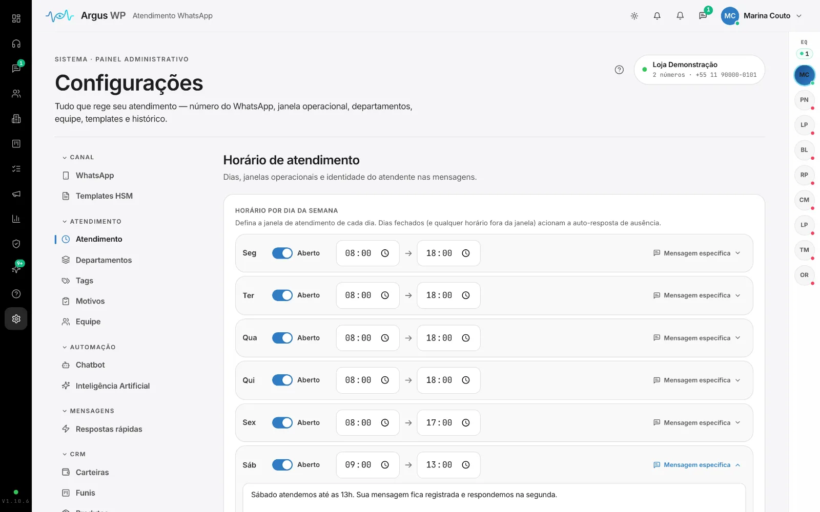 Horário por dia da semana com mensagem específica por dia.