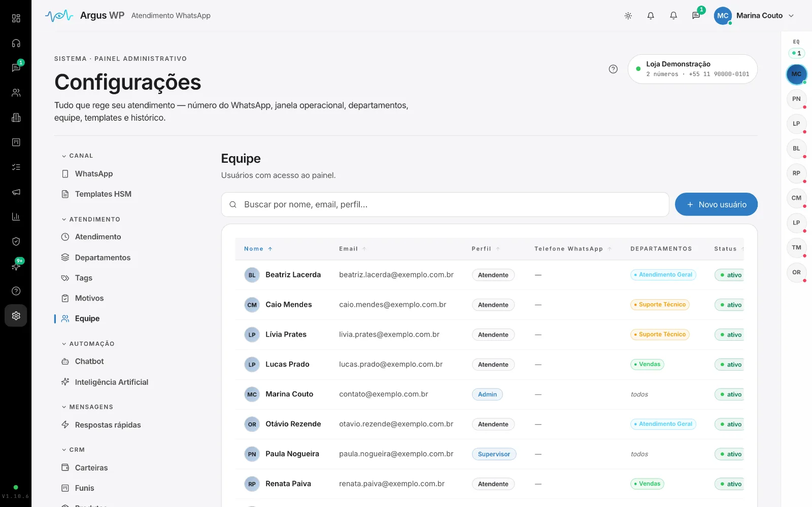 Equipe: perfis, departamentos e status de cada usuário