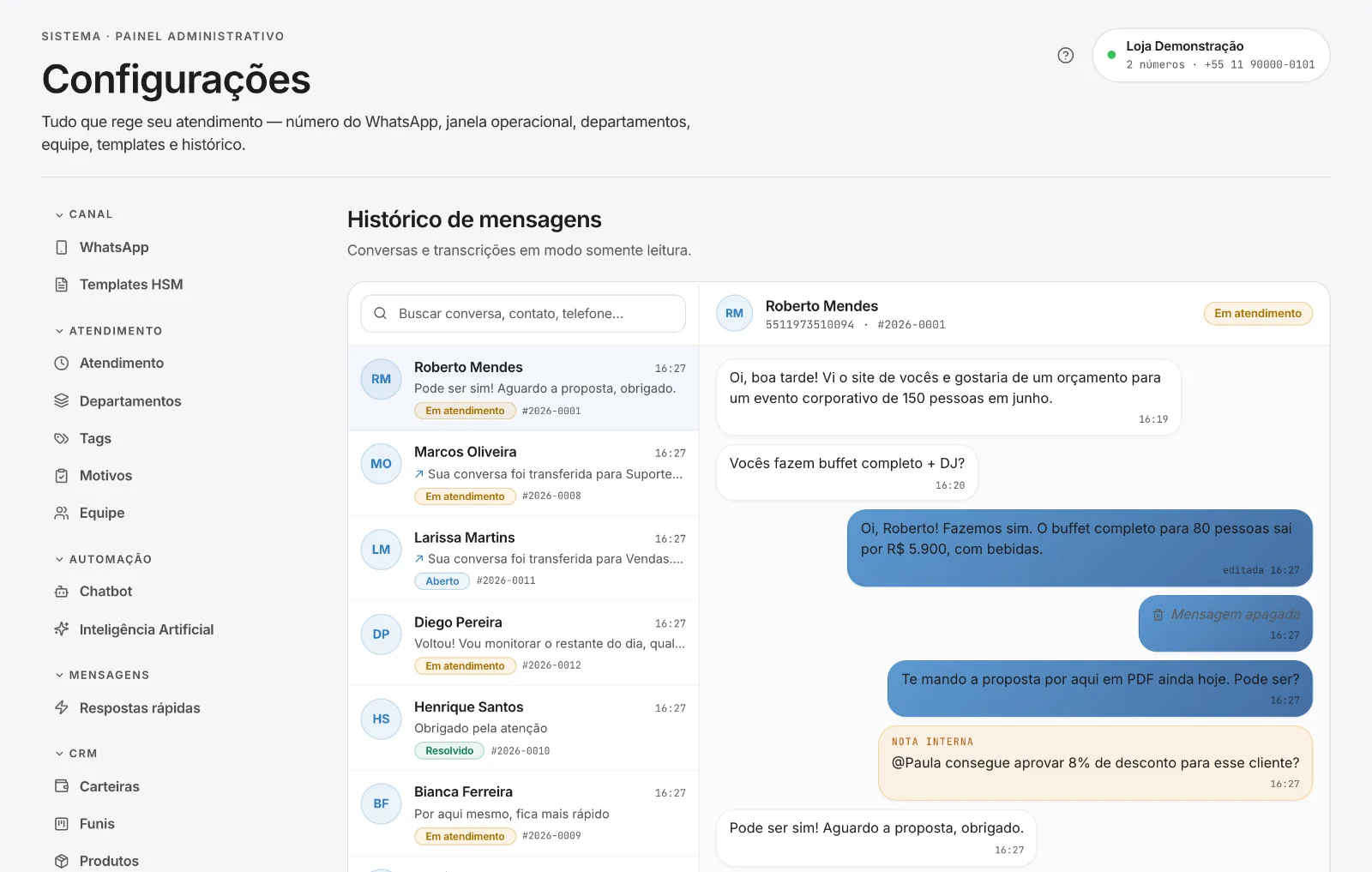 Histórico de mensagens em modo somente leitura
