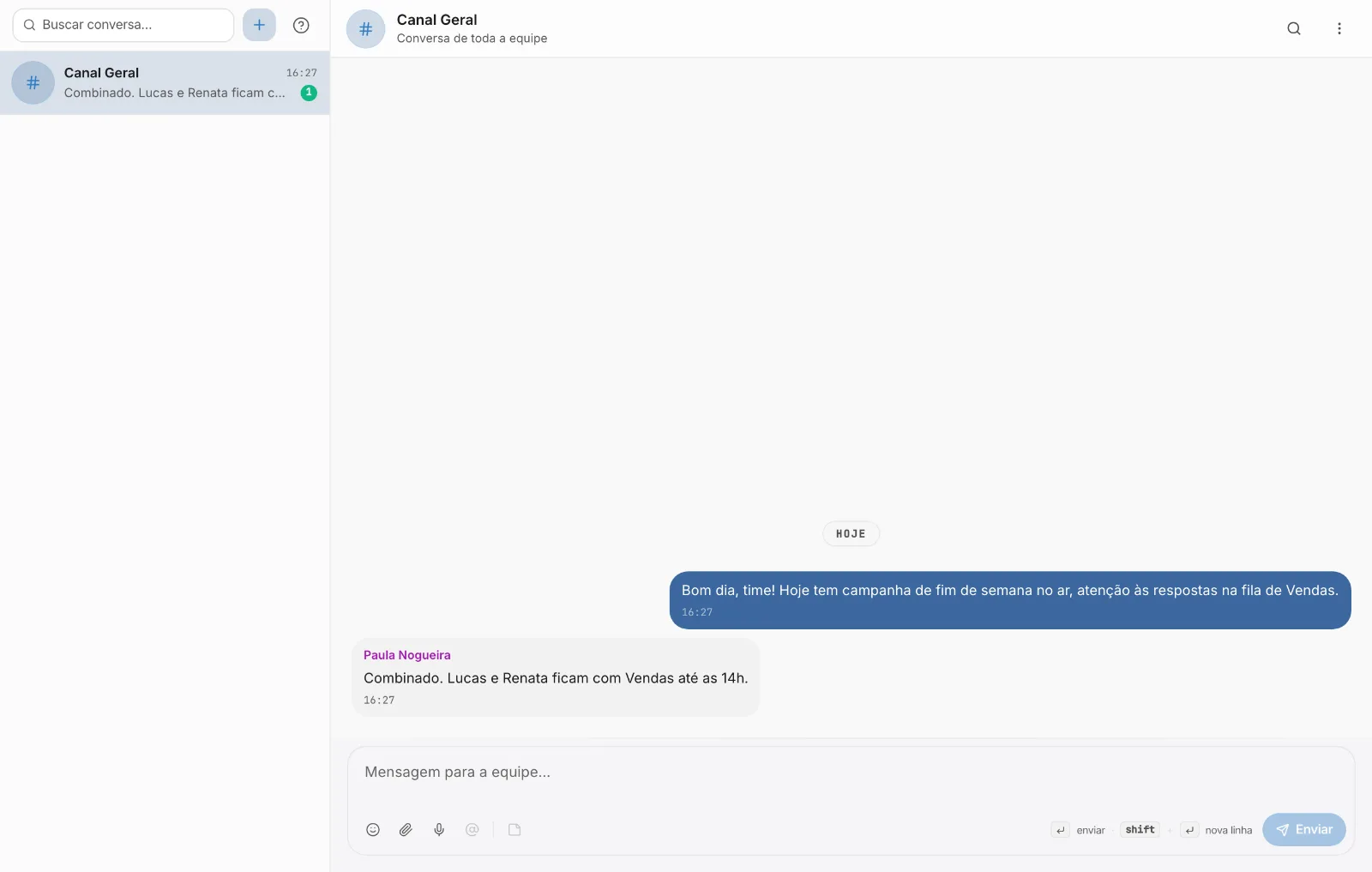 Conversas internas com mensagem direta e canal geral
