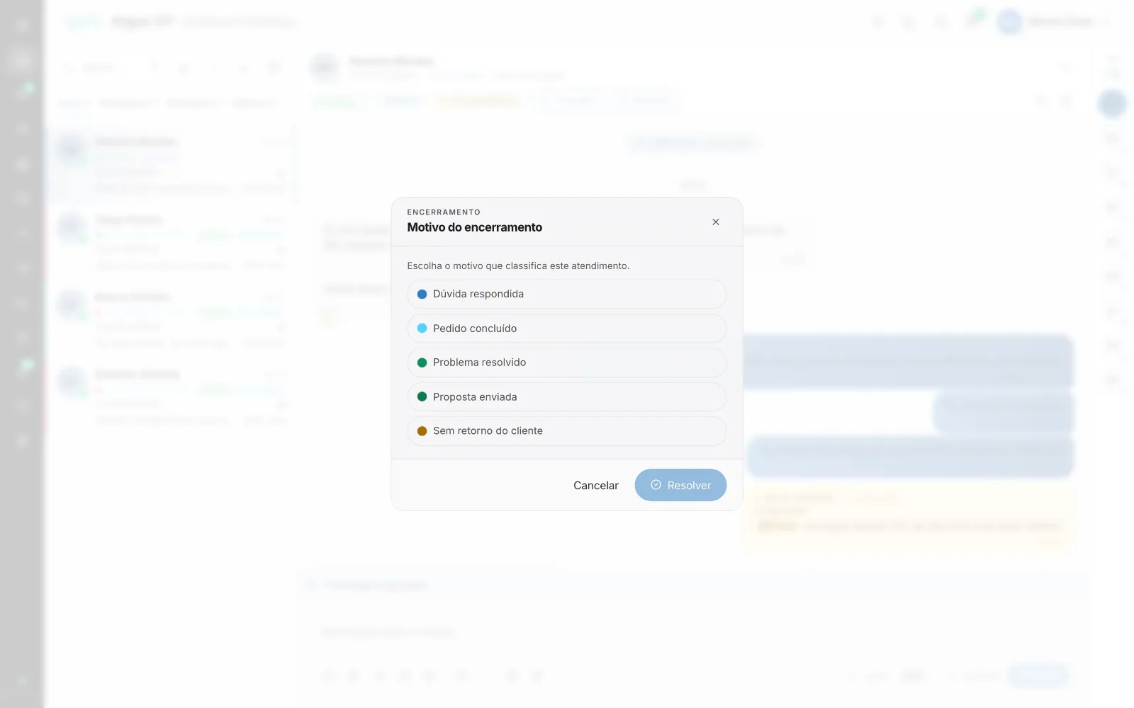 Resolver a conversa escolhendo o motivo de encerramento.