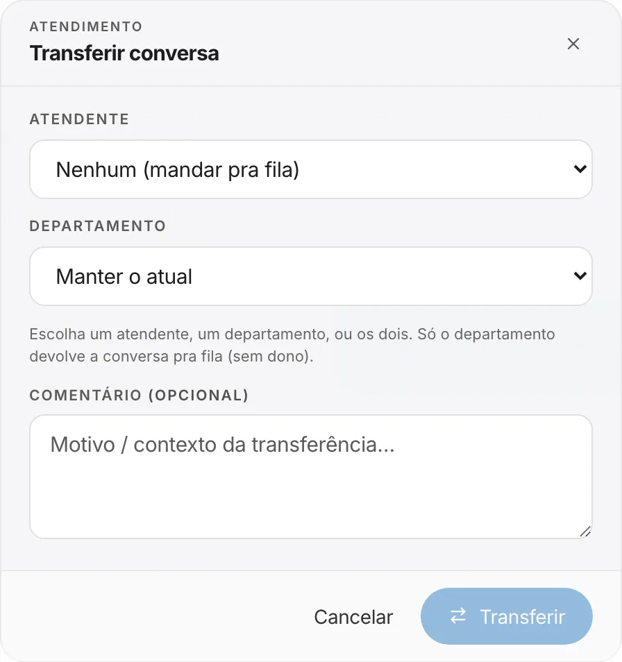 Transferir conversa para um atendente ou departamento, com comentário