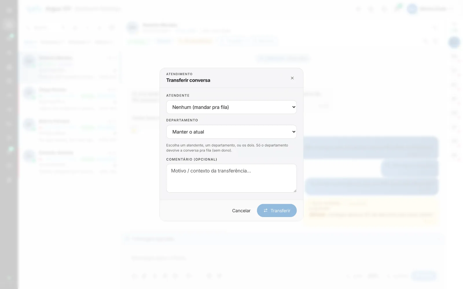 Transferir conversa para um atendente ou departamento, com comentário.